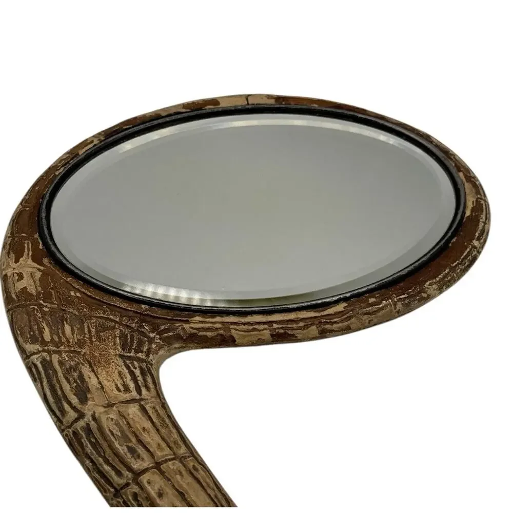 Vintage Carved Alligator Hand Mirror Curved Handle Tail Textured Gator Crocodile